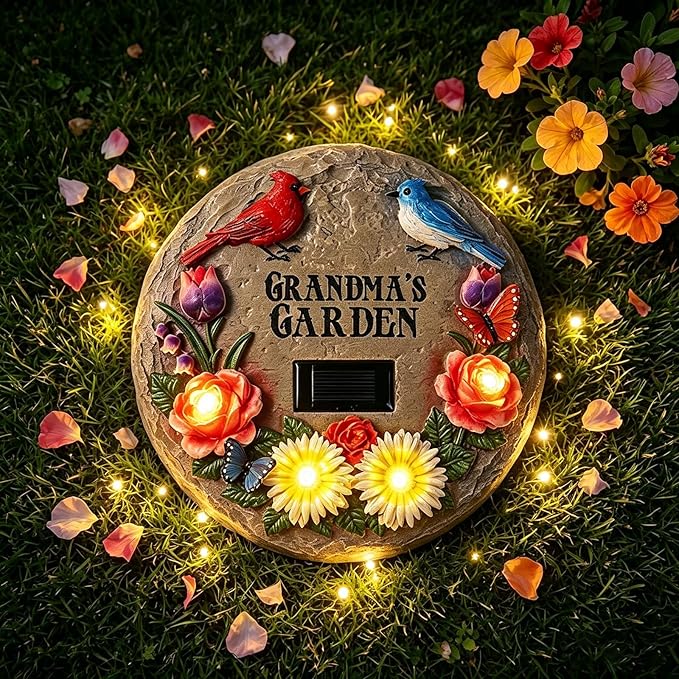 Stepping Stones Outdoor for Grandma's Garden with Solar Lights and Cardinal Robin Birds Flowers, Garden Stepping Stones Grandma Gifts for Mothers Day for Walkway, Yard, Patio Decor