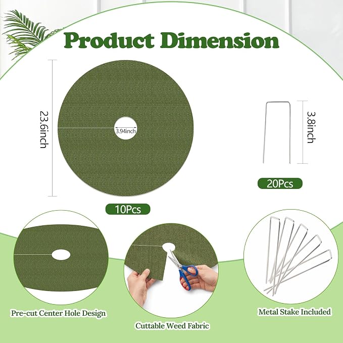 YBB 10 Pcs Upgraded Tree Mulch Rings, 23.6 Inch Tree Weed Barrier Fabric Non-Woven Degradable Weed Mat Blocker for Landscaping Weed Control Root Protection with 20 Nails
