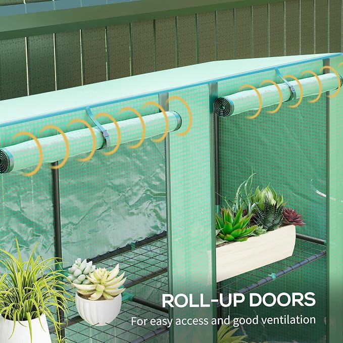 Outsunny Lean-to Greenhouse with 3 Tier Shelves, 56.7" x 18.9" x 59.8" Portable Small Greenhouse with PE Cover, 2 Roll-Up Zippered Doors, for Indoor Outdoor Garden Backyard Balcony, Green