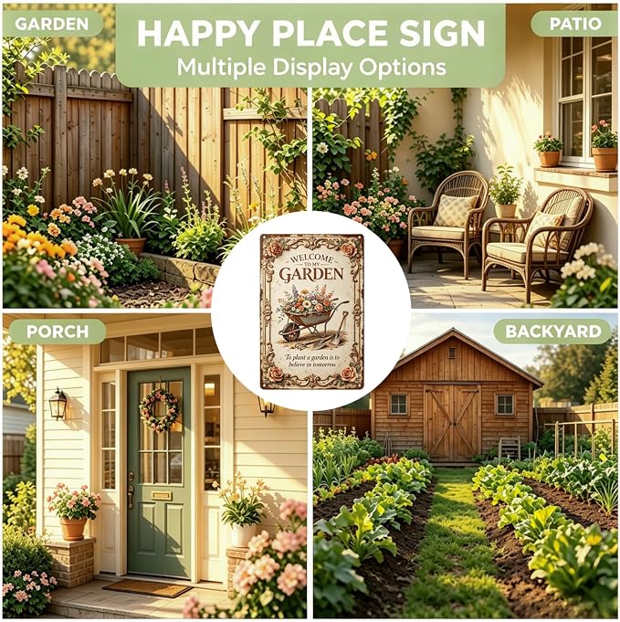 2D Flat Funny Garden Signs, Welcome to My Garden Vintage Outdoor Wall Decor for Patio Yard Greenhouse Home, Waterproof Garden Gifts 8x12 Inch