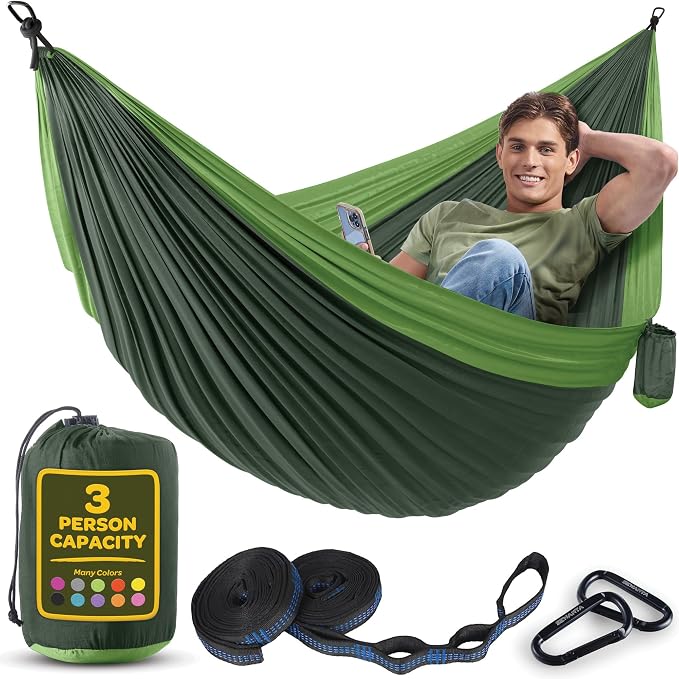 Durable Hammock 550 lb Capacity, Nylon Camping Hammock Chair - Double or Single Sizes w/Tree Straps and Attached Carry Bag - for Travel/Backpacking/Beach/Backyard (X-Large, Forest Green & Lima Green)