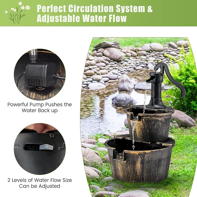 Tangkula 2-Tier Water Fountain Outdoor, Rustic Wood Cascading Waterfall Fountain with Electric Pump, Outside Water Feature with Decorative Hand for Garden Patio Backyard (Plastic)