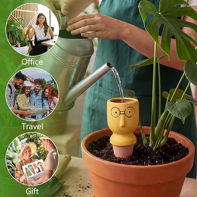 Domensi 4 Pack Terracotta Plant Watering Devices, Self Watering Spikes, Mushroom, Bird, Head, Owl-Shaped, Automatic Insert System Decorative Stakes, Cute Plant Spikes for Indoor Outdoor Plants