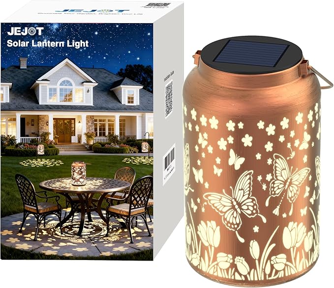 JEJOT Butterfly Solar Lanterns Outdoor Waterproof, Mothers Day Gifts, Birthday Gifts for Women Mom Grandma,Metal Hanging Solar Lantern for Yard,Garden,Porch Landscape Deconrations-1 Pack
