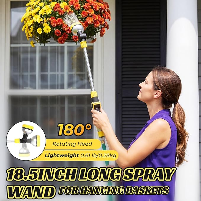 Hushee 2 Pack Watering Wand 18.5'' for Garden Hose, Thumb Flow Control 8 Spray Patterns 180° Swivel Head Lightweight Garden Hose Wand for Hanging Baskets Plants Lawn