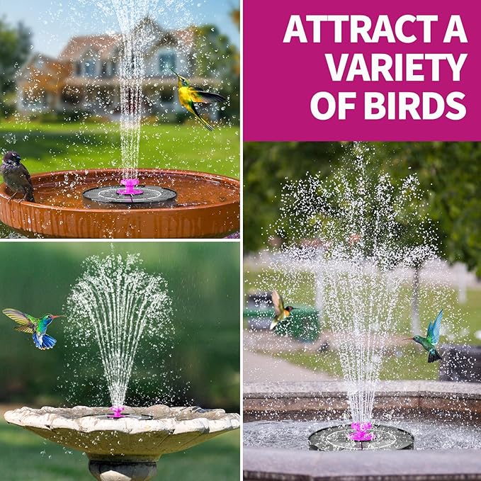 Solar Bird Bath Fountain Pump, 2026 Upgrade 4W Solar Powered Water Pump, Outdoor 6.3 Inch Water Fountain Pump with 8 Nozzles, Hummingbirds, Garden, Pool, Pond Hot Pink