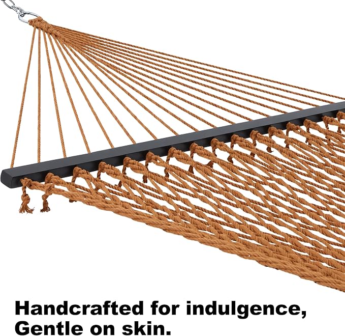 GAFETE Single Rope Hammocks for Outside, Traditional Hand Woven Cotton Hammock with Hardwood Spreader Bar, Max 450 lbs Capacity (Coffee Brown, Small)