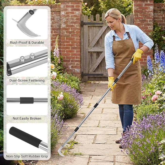 Weed Puller Tool, 59" Stainless Steel Weed Remover Tool Crevice Weed Picker Tools L-Shaped Stand Up Garden Hoe for Garden,Sidewalk,Patio, Multi-Action Manual Grass Remover for Deep Digging Cutting