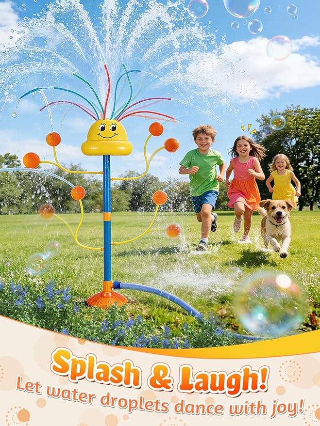 VATOS Water Sprinkler Outdoor Yard Toy for Kids, Smile Face Rainbow Splash Toy with 8 Wiggle Tubes 4 Nozzle, Backyard Lawn Water Sprinkler, Summer Family Games, Fun Water Toys for Kids 3-8 Boy Girl