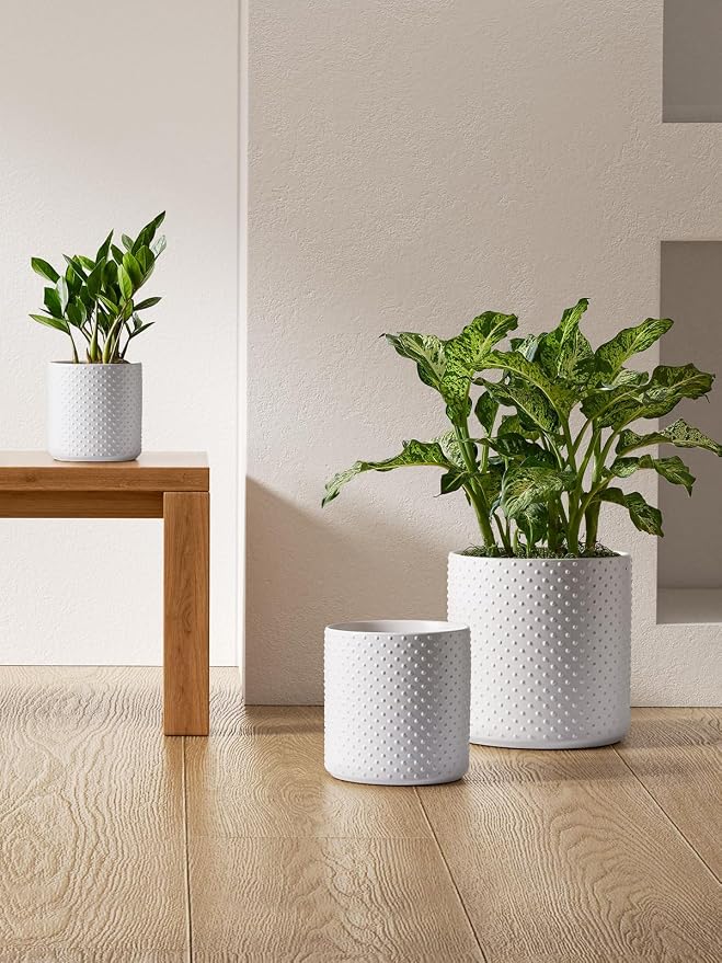 LE TAUCI 10+8+6 Inch Ceramic Pots for Plants, Indoor Planters with Drainage Hole and Plug, Raised Dots Cylinder Flower Pots Set of 3 for Living Room and Bedroom, Matte, White
