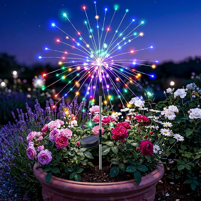 btfarm 1 Pack Solar Garden Lights Outdoor, 8 Modes Firework Lights Solar Powered, Waterproof Twinkle Fairy Light Outside for Yard Patio Pathway Pool Christmas Party Decorative, Multicolor