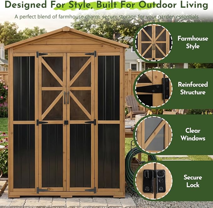 Outdoor Wooden Storage Shed Cabinet with 6 Adjustable Shelves | 48.8'' Tall Outdoor Cabinets with Lockable Double Doors, Transparent Window, Hooks, Reinforced Structure, Waterproof Roof