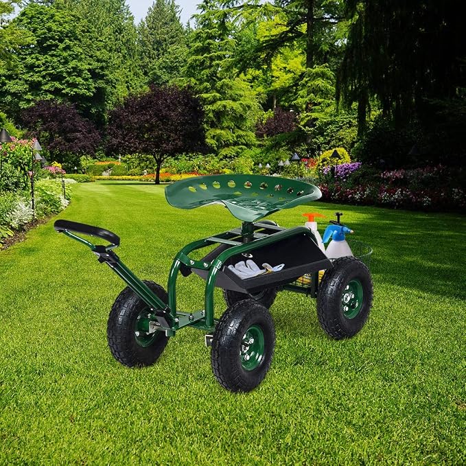 Goplus Rolling Garden Cart with Seat, Outdoor Garden Stool with Wheels, Tool Tray & Basket, Adjustable Steering Handle, 360 Degree Swivel Seat for Planting, Gardening Scooter for Lawn, Yard, Patio