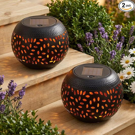 Solar Table Lanterns Outdoor Waterproof- 2 Pack Dancing Flickering Flame Solar Lights,Black Metal Desktop Decorative Lamps for Gifts for Women Mom Desk Patio Garden Yard Decor