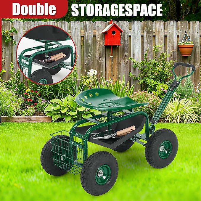 Rolling Garden Cart Workseat with Wheels, 360 Degree Swivel Gardening Stool, Extendable Steering Handle, Tool Tray, 10-Inch Inflatable Tires, Reinforced Steel Frame