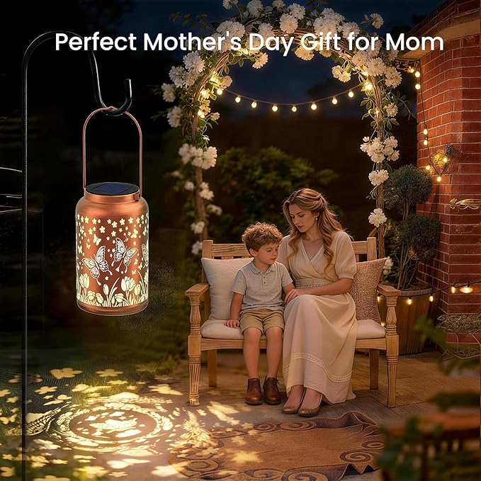 JEJOT Butterfly Solar Lanterns Outdoor Waterproof, Mothers Day Gifts, Birthday Gifts for Women Mom Grandma,Metal Hanging Solar Lantern for Yard,Garden,Porch Landscape Deconrations-2 Pack