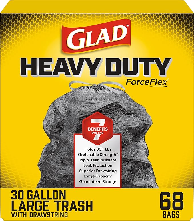 Glad Trash Bags, ForceFlex Large Garbage Bags ‚ 30 Gallon Black Trash Bag ‚ 68 Count (Package May Vary)