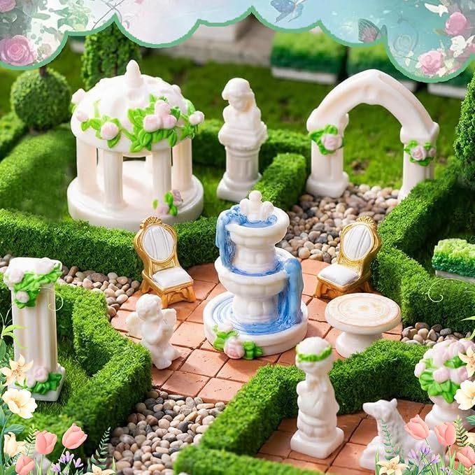 Exasinine 15 Pcs Mini Garden Furniture Ornaments, Micro Resin Patio Set with Table Chair Bench Arch Fountain Statues for DIY Fairy Garden and Home Micro Landscape Decor