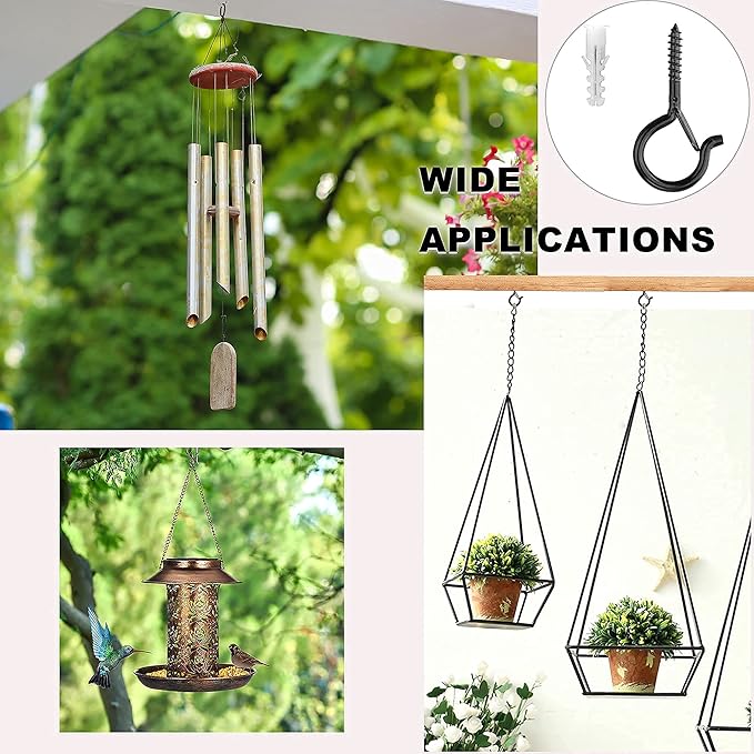 PlusRoc 20 Pack Outdoor Screw Hooks for Hanging Plants String Lights Heavy Duty, 2.2 Inch Eye Hook Screw in Cup Hooks Q-Hanger for Patio Lights, Ceiling Wall Wood Fence Deck Mount(Black)