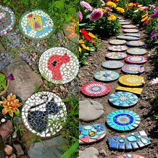 Stepping Stone Kit Includes 3 Size Cement Molds, Mosaic Tiles and Carving Tools, DIY Craft Handmade Stepping Stone Kit for Kids, Family, Garden Outdoor Decor (Mix)