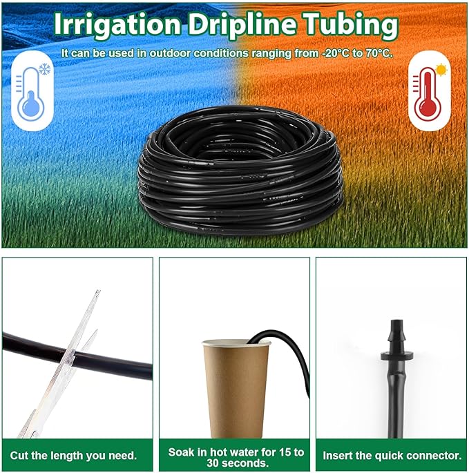 100FT Drip Line Kit Kalolary 1/4 Inch Hydroponics Dripline Hose with 6" Emitter Spacing Drip Irrigation Tubing Drip System Parts with End Plugs Coupling for Garden Lawn Farm Hydroponics
