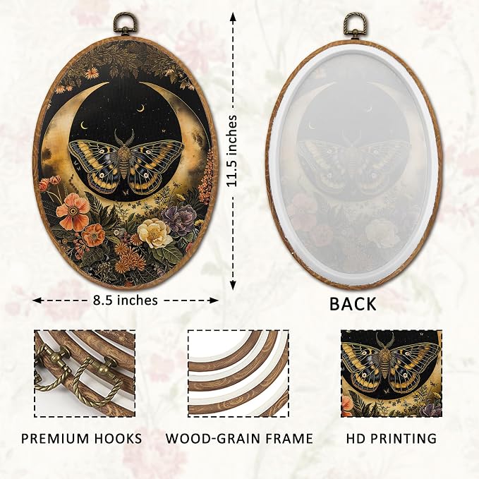 DOFQZ Vintage Dark Floral Moon Moth Oval Wall Art Decor, Art Nouveau Gothic Moth Framed Wall Art, Dark Academia Cottagecore Insect Canvas Walls Hanging Decor for Home Bedroom Living Room, 8.5x11.5