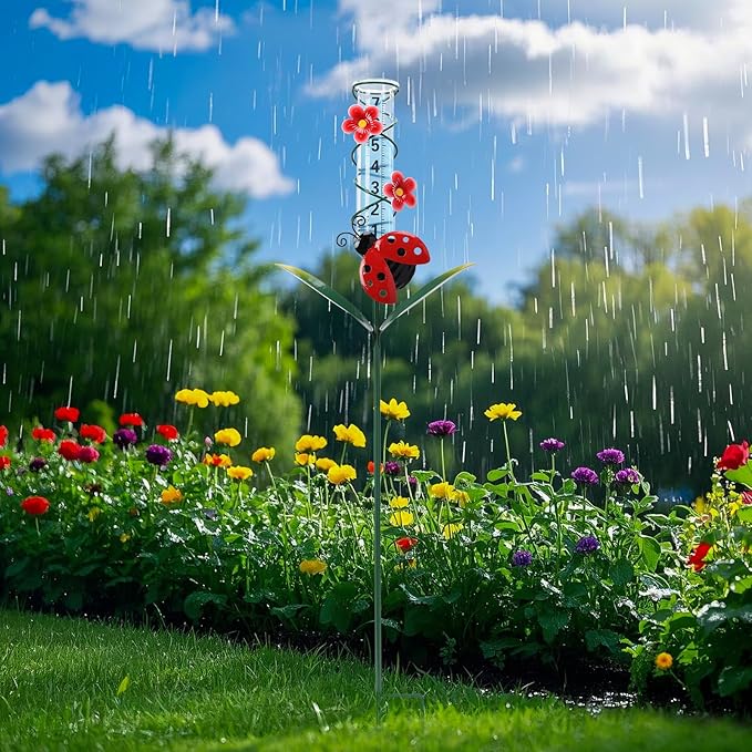 WONDER GARDEN Rain Gauge Outdoor, Decorative Ladybug Rain Gauges Outdoors Best Rated, Freeze Proof Glass Water Rain Measure Gauge with Flower for Yard Patio Lawn Decor