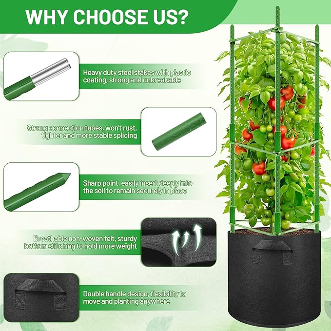 Legigo 4 Pack Tomato Cages with 10 Gallon Grow Bags- 48 Inch Tomato Trellis Planter Plant Support Stakes, Tomato Plant Cage Garden Trellis for Vertical Climbing Plants Vegetables Flowers Fruits