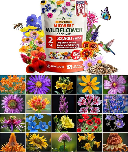 HOME GROWN Midwest Wildflower Seeds Bulk Mix | 32,500+ Open Pollinated Perennial & Annual Flower Seed for Planting | 15 Varieties for Attracting Bees & Butterflies | 2 oz