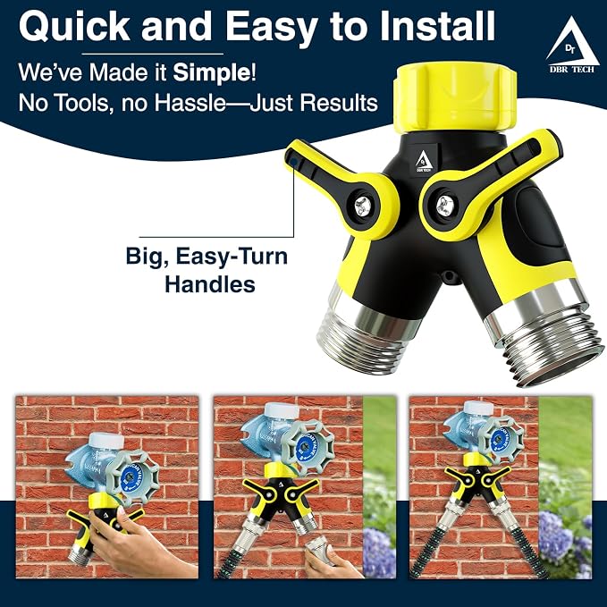 DBR Tech® Hose Splitter 2 Way, Heavy Duty Metal Connector, Two Way Garden Hose Splitter, High Flow Spigot Faucet Bib Adapter, Solid Double Y Shut Off Valve for Outdoor Gardening Hoses, Yellow
