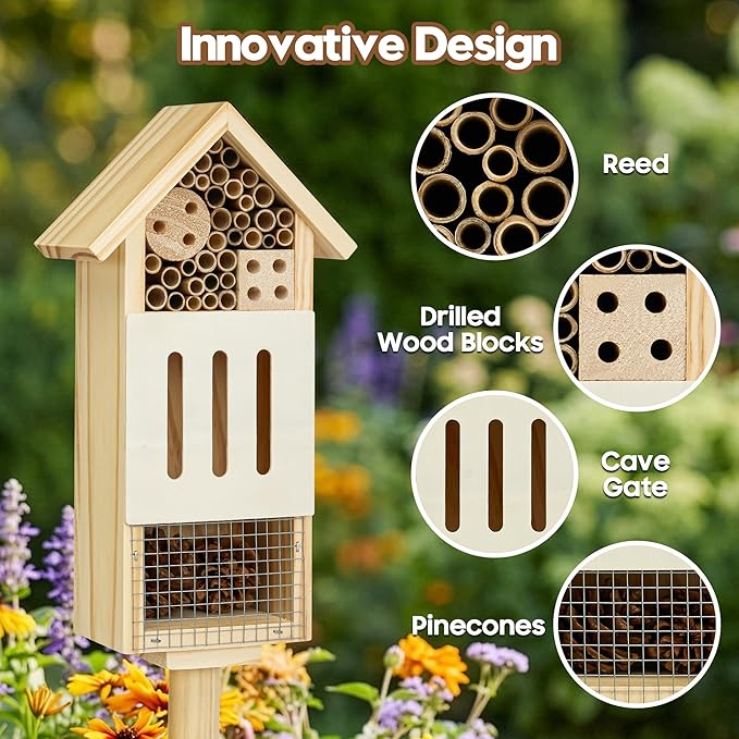 Bee House Bug Hotel & Butterfly House with Stake, Handcrafted Wooden Ladybug Hotel, Natural Insect Habitat for Garden, Patio, or Yard, Attracts Pollinators, 10.4 x 5.5 x 3.2 Inches,14 inches Stake