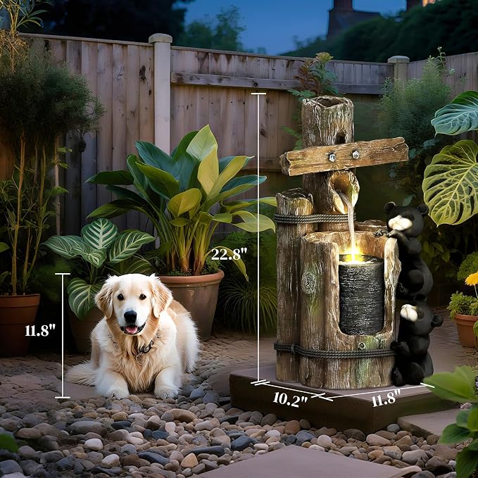 Outsunny 22.8" Tall Outdoor Water Fountain, 3-Tier Floor Standing Resin Bears on Log Waterfall Fountain with LED Lights, Pump for Garden, Patio, Backyard