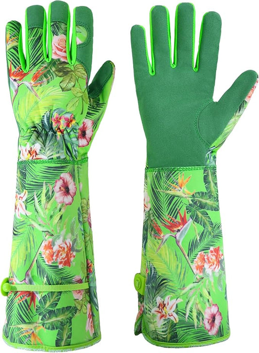 HANDLANDY Women Gardening Gloves, Scratch Resistant Breathable Ladies Rose Pruning Long Gauntlet Floral Print Garden Yard Gloves, Gift for Gardeners (Grass Green, L)