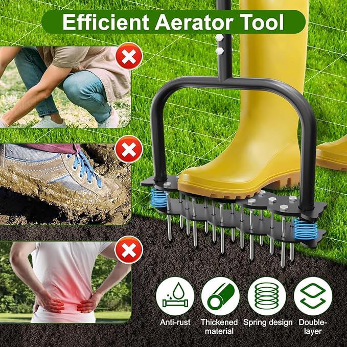 Lawn Aerator, Automatic Dirt and Leaf Clean Design, Heavy Duty Manual Lawn Aerator Tool with 14 Iron Spikes, Soil Lawn Aerating Tools for Yard Lawn and Garden, Aerator Spikes aerating Tool (Black)