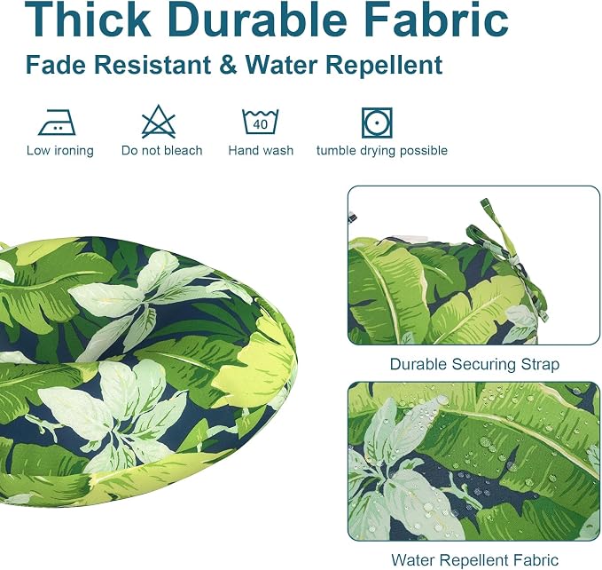 DYTXIII Set of 2 Outdoor Round Chair Cushions 15"x15"x4" with Ties, Water Repellent Tufted Bistro Seat Cushions, Thick Patio Chair Pads for Bar Stool, Garden & Dining Furniture - Jungle Leaves