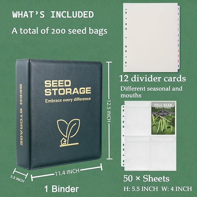 MUQING Seed Storage Organizer Binder, Holds 200 Seed Packets with Flip-Top Lid Sleeves, 50 Pages + 12 Monthly Cards + 4-Season Color-Coded Dividers, Faux Leather Seed Keeper Book for Gardeners (Green)