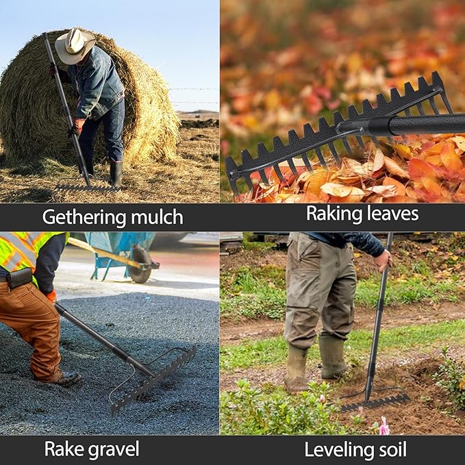 Bow Rake, Detachable Heavy Duty Metal Garden Rake for Loosening Soil, Leveling Lawn, Leaves Cleaning,63 Inch Long Handle Yard Rock Rake for Gardening,17 Prongs Leaf RakeThatch Rake for Lawn