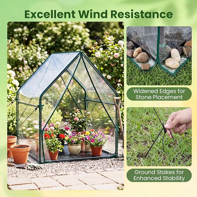 Giantex Mini Greenhouse, Outdoor Portable Green House with Sturdy Metal Frame, Ground Stakes & Wind Ropes, Clear Tent Small Greenhouse for Indoor Outdoor Plants (36"x36"x43")