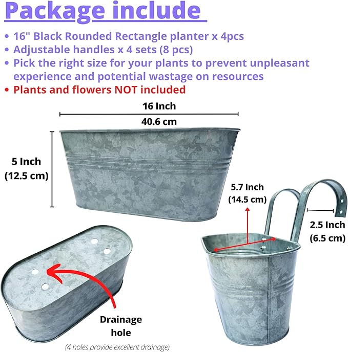 LaLaGreen Outdoor Plants Rail Planter (16 Inch, 4 Pack) Silver Metal Iron Hanging Flower Pot Deck Railings Fence Bucket Modern Boho Style Wall Mount Window Box Plant Wall Hanger Hooks Porch Home Decor