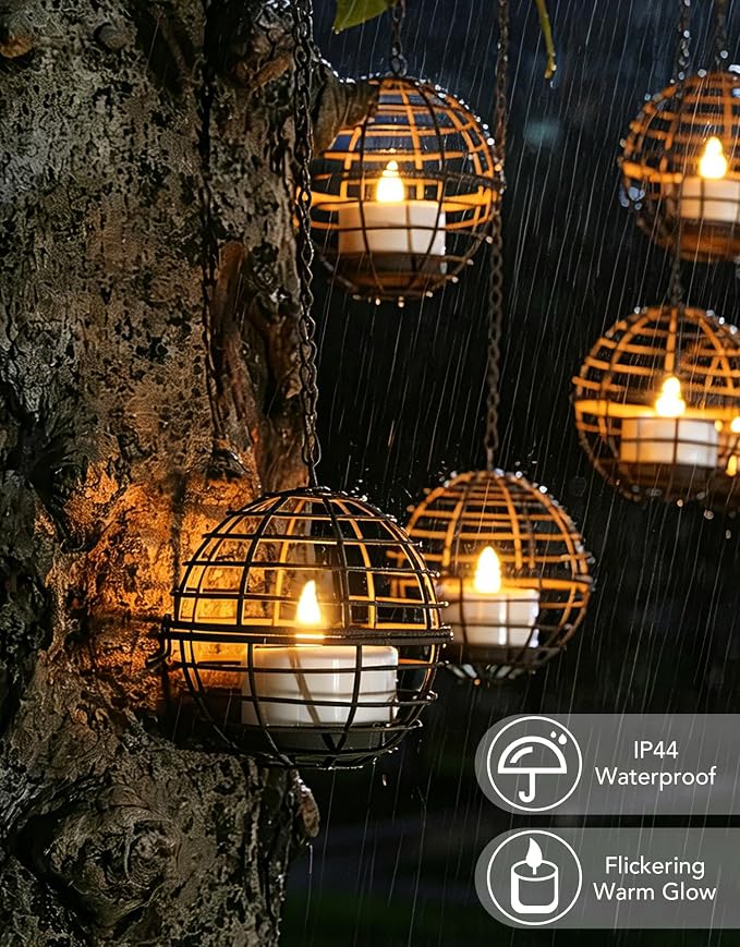 Large Solar Lights Outdoor Hanging Lanterns 6 Pack, Rustic Iron 4.3" Ball Solar Tea Lights with Flickering Flame Candle, Waterproof Hanging Lights for Backyard Patio Garden Fence Tree Pergola Décor