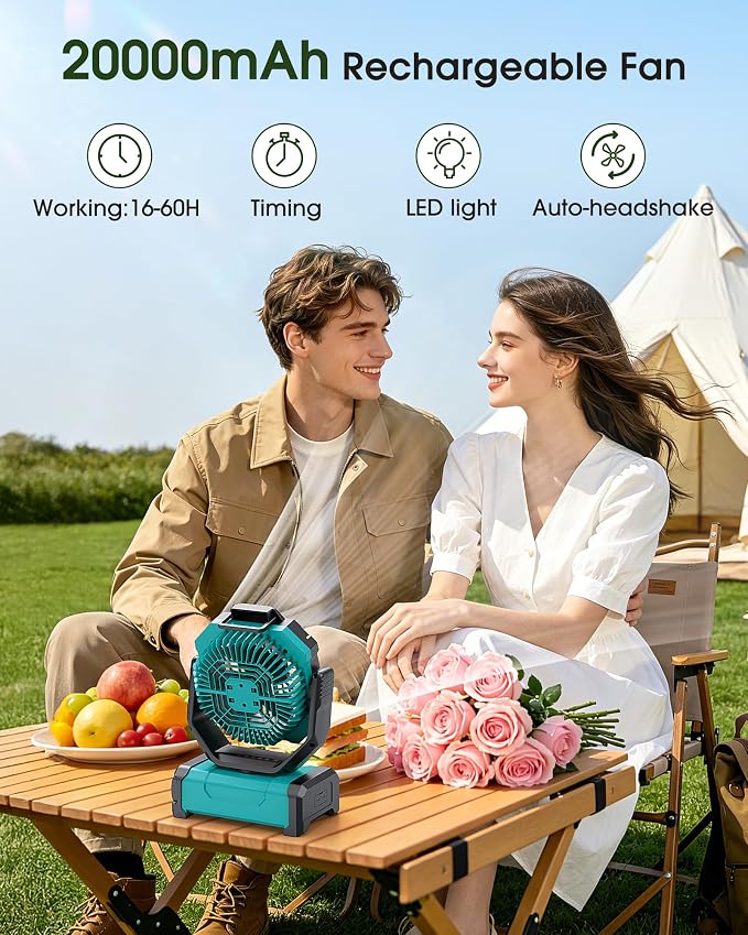 ONLYNEW Camping Fan 20000mAh Portable Fans USB C Rechargeable Battery Powered Fan with LED Lantern & Remote, Oscillating,Timer, Remote Auto, Hook for Tents Travel Outdoor Camp Beach Home Gifts Green