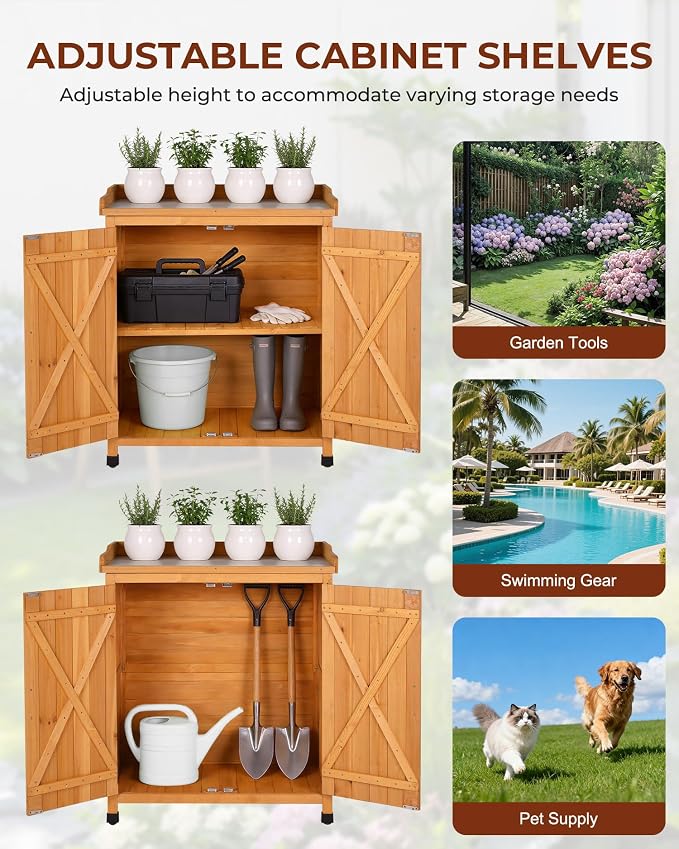 Outdoor Potting Bench with Metal Top, Wooden Garden Storage Cabinet & Tool Shed, Weather-Resistant Workstation for Patio, Backyard, Poolside (Yellow)