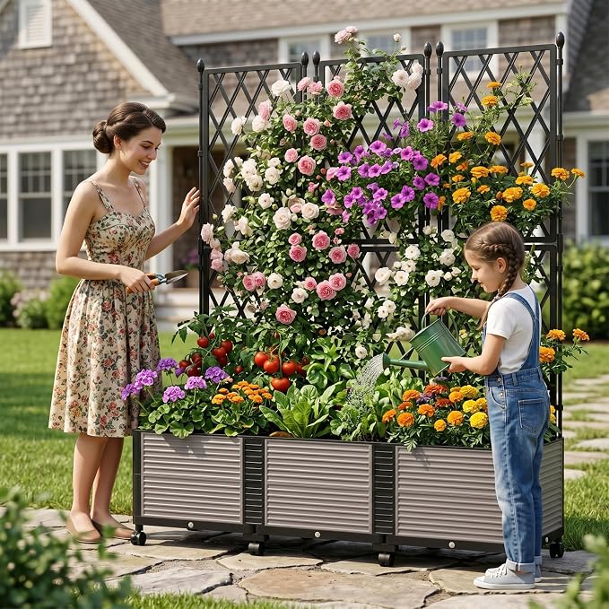 Raised Garden Bed Planter Box with Trellis, 63''H Tomato Planters for Climbing Plants Vegetable Vine Flowers Outdoor Patio Tomato Cage, Self Watering Planter with Wheels