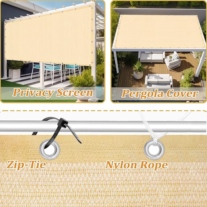 Shade&Beyond Customized Size 90% Sun Shade Cloth with Grommets, 8' X 8' Pergola Shade Cover Canopy, Mesh Tarp Sun Screens for Patio, Outdoor, Garden, Backyard GN01, Wheat