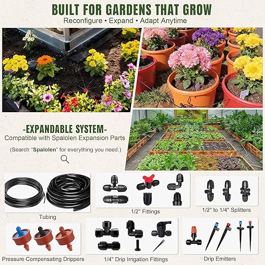 Push-to-Connect Drip Irrigation System Kit, 2-Zone Garden Watering System with 50FT 1/2" Mainline, Leak-Resistant Quick Connect Fittings, Adjustable Emitters for Raised Beds, Greenhouse