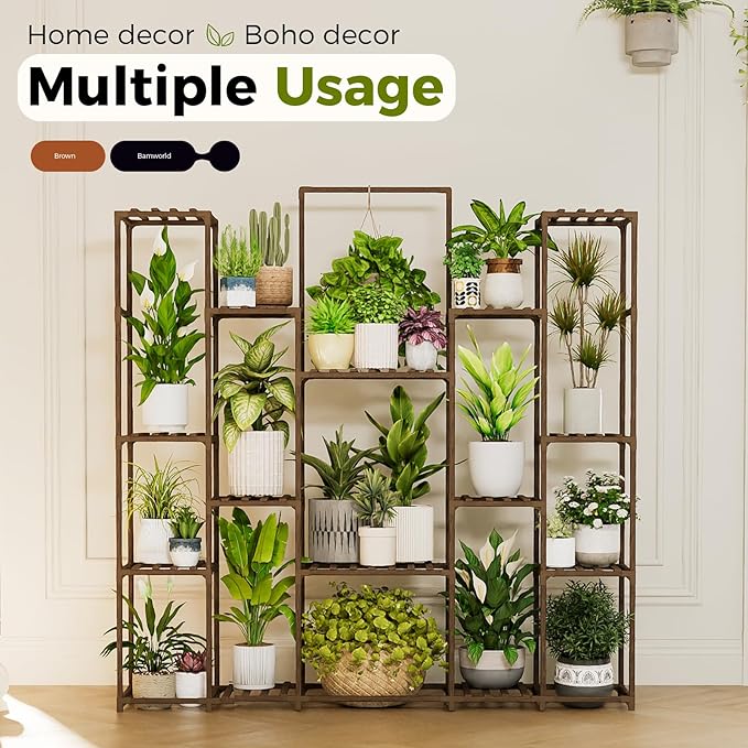 Bamworld Plant Shelf Indoor Hanging Plant Stand Outdoor Large Plant Shelves Tall Flower Holder wooden plant stand for Multiple Plants Plant Rack for Living Room Balcony Decor Garden Clearance Deals 17 Pots Plant Table