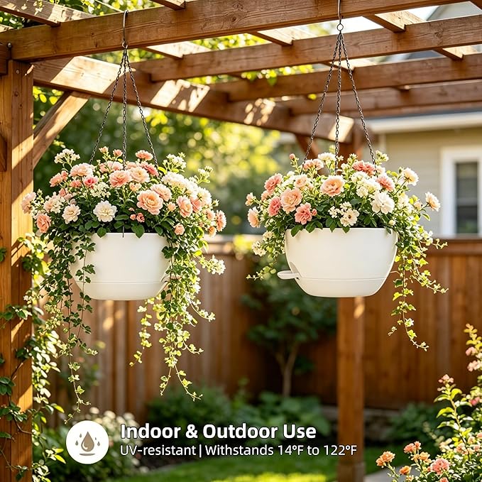 2 Pack 12" Self Watering Hanging Planters, White with Chains | Plastic hanging baskets with 43 Oz removable reservoir, for indoor outdoor plants, patio porch garden balcony decor