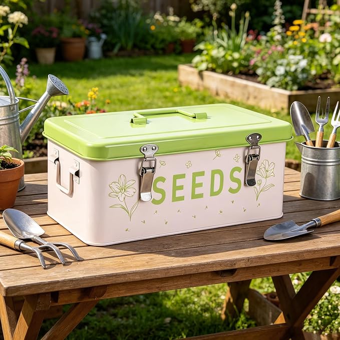 Seed Storage Organizer Box with 4 Compartments, Metal Seed Saving Container with Lockable Lid and Safety Locks, Includes 50 Envelopes, 100 Plant Labels, 50 Clips and Marker (Fruit Green)