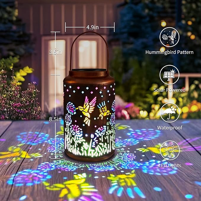 ODEETRONIC Solar Hummingbird Lantern with Colorful Projection - Hummingbird Birthday Gifts for Women Mom Grandma, Multicolor Hanging Lights Outdoor Waterproof, Solar Lantern Lights for Garden Patio