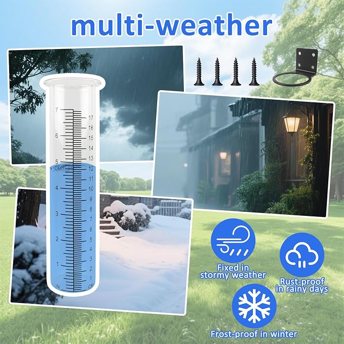 TBWHL 7" Capacity Rain Gauge Replacement Tube Glass with Stainless Steel Rack Holder, Decorative Rain Gauge Outdoor Measure Gauge for Yard Garden Fence Lawn Farm